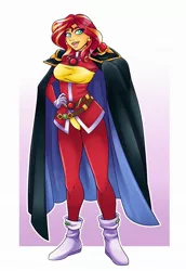 Size: 1493x2170 | Tagged: safe, artist:ambris, derpibooru import, sunset shimmer, equestria girls, abstract background, cape, clothes, colored pupils, cosplay, costume, crossover, ear piercing, earring, female, hand on hip, jewelry, lina inverse, open mouth, piercing, slayers, solo