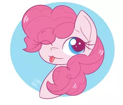 Size: 1400x1200 | Tagged: safe, artist:janelearts, derpibooru import, pinkie pie, earth pony, pony, :p, abstract background, bust, circle background, cute, diapinkes, female, mare, one eye closed, portrait, simple background, solo, tongue out, white background, wink