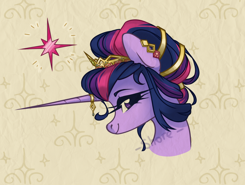 Size: 1982x1500 | Tagged: safe, artist:shore2020, derpibooru import, twilight sparkle, pony, alternate hairstyle, bust, crown, cute, cutie mark, ear piercing, earring, female, hair accessory, hair bun, horn, horn jewelry, jewelry, looking at you, mare, piercing, portrait, profile, regal, regalia, solo, twiabetes