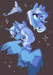 Size: 1500x2100 | Tagged: safe, artist:shore2020, derpibooru import, trixie, alicorn, pony, alicornified, brown background, bust, crown, cute, diatrixes, female, jewelry, mare, portrait, race swap, regalia, simple background, solo, trixiecorn