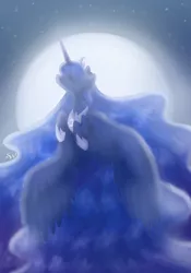 Size: 700x1000 | Tagged: safe, artist:brendalobinha, derpibooru import, princess luna, alicorn, pony, crown, eyes closed, female, flying, impossibly long hair, impossibly long tail, jewelry, mare, moon, regalia, solo, stars, wings