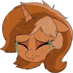 Size: 1190x1182 | Tagged: safe, artist:notenoughapples, derpibooru import, oc, oc:sign, unofficial characters only, pony, unicorn, bust, crying, eyes closed, female, freckles, nose wrinkle, sad, simple background, solo, transparent background