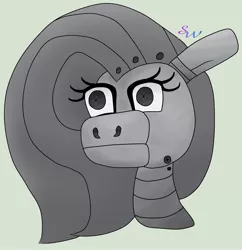 Size: 2064x2136 | Tagged: safe, artist:brendalobinha, derpibooru import, fluttershy, pony, robot, robot pony, bust, flutterbot, gray background, grayscale, monochrome, paint tool sai, simple background, solo