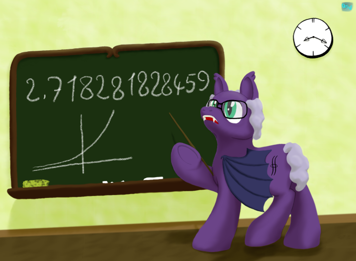 Size: 730x535 | Tagged: safe, artist:quint-t-w, derpibooru import, oc, unofficial characters only, bat pony, pony, bat pony oc, bat wings, chalk, chalkboard, clock, e, ear tufts, euler's number, fangs, glasses, graph, hoof hold, looking back, male, math, math joke, old art, open mouth, pointer, pun, solo, stallion, underhoof, visual pun, wings