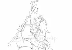 Size: 1024x713 | Tagged: antagonist, armor, crown, derpibooru import, deviantart watermark, drawing, evil, evil grin, fangs, grin, horns, jewelry, looking at you, my little pony: the movie, obtrusive watermark, pencil drawing, regalia, safe, signature, simple background, sketch, smiling, solo, staff, staff of sacanas, storm king, storm king's emblem, traditional art, watermark, white background, yeti