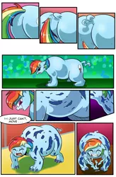 Size: 1800x2740 | Tagged: semi-grimdark, artist:candyclumsy, author:bigonionbean, derpibooru import, rainbow dash, bear, pegasus, pony, ursa, ursa minor, comic:don't play with potions, accident, accidental exposure, barn, belly, body horror, bulging, butt, claws, comic, commissioner:bigonionbean, constellation, constellation freckles, crying, cutie mark, dat butt, dialogue, fat, freckles, growth, large butt, meme, pain, plot, shedding, shocked, shocked expression, species swap, stars, sweet apple acres, swelling, swollen, tearing, thicc ass, torn skin, transformation