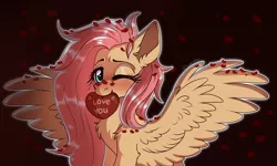 Size: 5000x3000 | Tagged: safe, artist:dinoalpaka, derpibooru import, fluttershy, pegasus, pony, chest fluff, cute, ear fluff, female, holiday, i love you, leg fluff, looking at you, mouth hold, one eye closed, petals, shyabetes, solo, spread wings, valentine's day, wings, wink