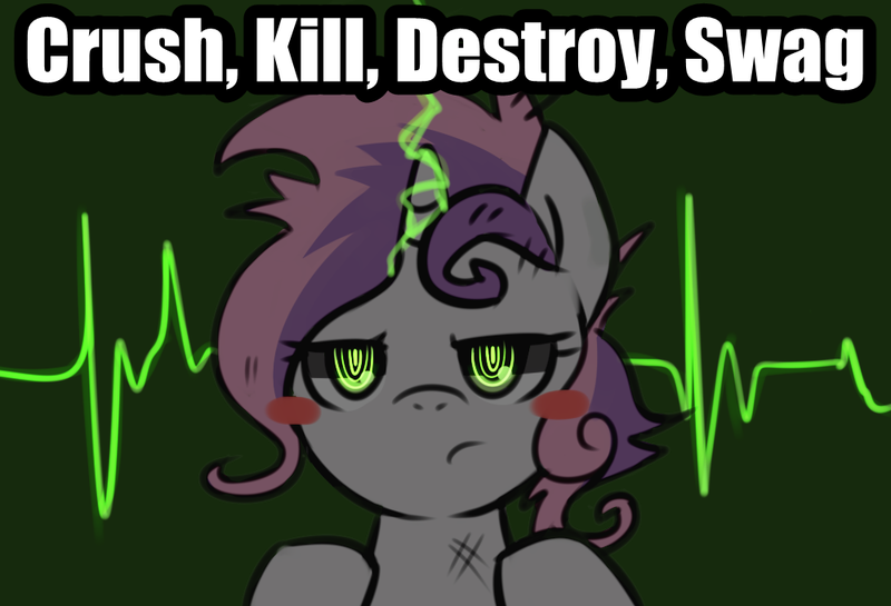 Size: 1000x681 | Tagged: artist:maren, blushing, caption, crush kill destroy swag, derpibooru import, image macro, meme, .mov, pulse, r-dash 5000, robot, safe, solo, sweetie belle, sweetie bot, text