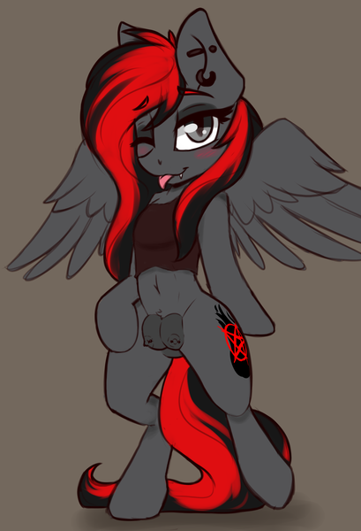 Size: 1784x2616 | Tagged: questionable, artist:arjinmoon, derpibooru import, oc, oc:burning shadow, unofficial characters only, pegasus, pony, vampire, bipedal, clothes, crotchboobs, edgy, fangs, nipple piercing, nipples, nudity, piercing, shirt, slitted eyes, solo, teat piercing