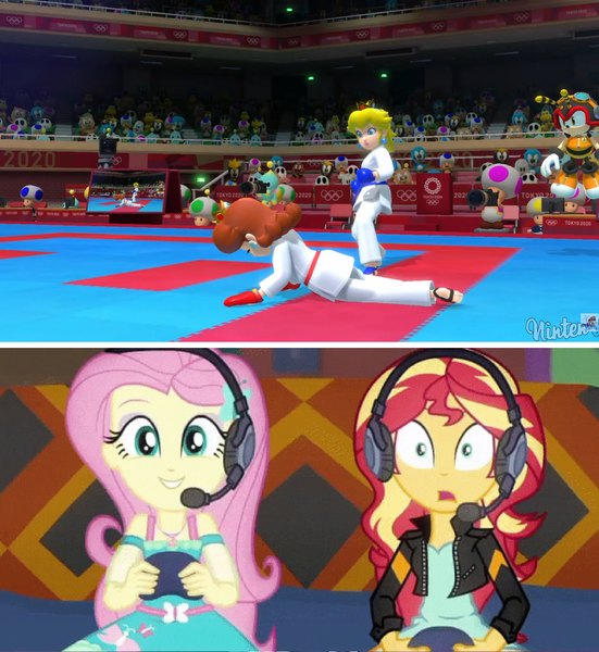 Size: 1344x1464 | Tagged: safe, derpibooru import, edit, edited screencap, screencap, fluttershy, sunset shimmer, equestria girls, equestria girls series, game stream, spoiler:eqg series (season 2), charmy bee, controller, foot pad, gi, karate, karate gi, karate gloves, mario & sonic, mario & sonic at the olympic games, mario & sonic at the olympic games tokyo 2020, mario and sonic, mario and sonic at the olympic games, nintendo, nintendo switch, olympics, princess daisy, princess peach, purple toad, sega, sonic the hedgehog (series), sports, super mario bros., toad (mario bros), tokyo 2020, video game