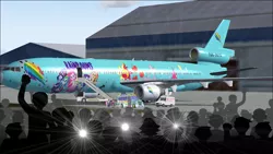 Size: 1366x768 | Tagged: safe, artist:electrahybrida, derpibooru import, applejack, fluttershy, pinkie pie, rainbow dash, rarity, sci-twi, sunset shimmer, twilight sparkle, equestria girls, equestria girls series, aircraft, airport, camera flashes, crowd, flight simulator, flight simulator 2004, ishi rudell, mcdonnell douglas, mcdonnell douglas md11, md11, meta, microsoft flight simulator, news van, plane, private plane, stair truck, staircase, stairs, the rainbooms, the rainbooms tour bus, the rainbooms tour plane, tour bus, tour plane, twitter