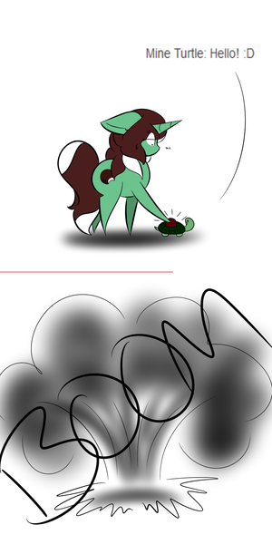 Size: 1000x2002 | Tagged: safe, artist:kaggy009, derpibooru import, oc, oc:peppermint pattie (unicorn), pony, turtle, unicorn, asdfmovie, ask peppermint pattie, chibi, explosion, female, mare, mine turtle, solo