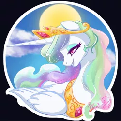 Size: 1000x1000 | Tagged: safe, artist:candasaurus, derpibooru import, princess celestia, alicorn, pony, catchlights, cloud, female, highlights, jewelry, lidded eyes, mare, sky, solo, sticker, sun, tiara