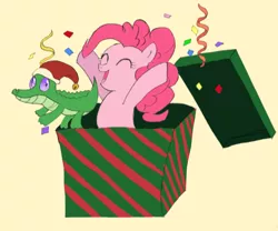 Size: 800x665 | Tagged: safe, artist:yuniuni11, derpibooru import, gummy, pinkie pie, alligator, earth pony, pony, christmas, eyes closed, female, hat, holiday, male, mare, open mouth, present, santa hat, simple background, smiling, streamers, yellow background