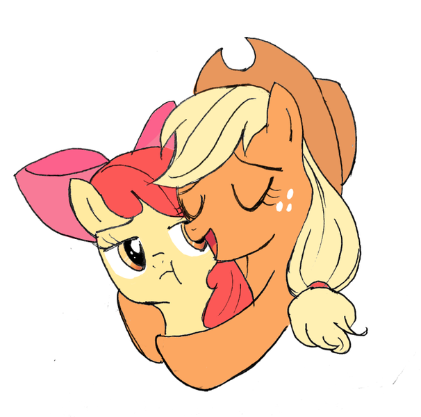 Size: 800x792 | Tagged: safe, artist:yuniuni11, derpibooru import, apple bloom, applejack, earth pony, pony, :t, apple bloom's bow, applejack's hat, bow, bust, cowboy hat, eyes closed, female, filly, freckles, hair bow, hat, hug, lidded eyes, mare, open mouth, siblings, simple background, sisters, smiling, stetson, white background