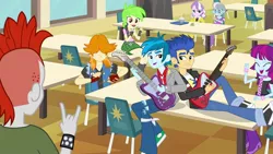 Size: 1539x866 | Tagged: safe, derpibooru import, screencap, cherry crash, crimson napalm, diamond tiara, flash sentry, mystery mint, silver spoon, thunderbass, valhallen, equestria girls, equestria girls (movie), background human, cafeteria, clothes, electric guitar, eyes closed, guitar, musical instrument, pants, shoes, smiling, sneakers, table