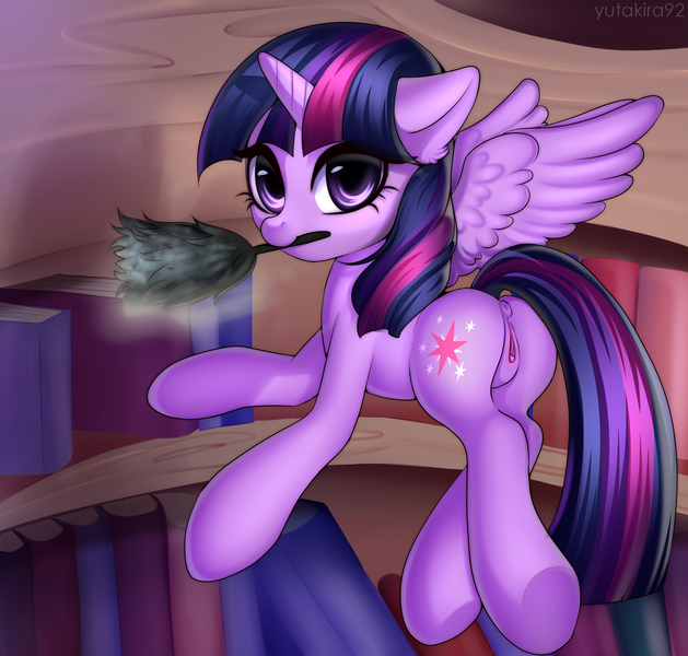 Size: 3172x3024 | Tagged: explicit, artist:yutakira92, derpibooru import, twilight sparkle, twilight sparkle (alicorn), alicorn, pony, anus, book, bookshelf, butt, cleaning, duster, female, flying, golden oaks library, looking at you, looking back, looking back at you, mare, mouth hold, nudity, plot, ponut, ponytail, rear view, solo, vagina, vulva