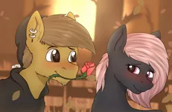 Size: 1200x784 | Tagged: safe, artist:almond evergrow, derpibooru import, oc, oc:almond evergrow, oc:siren shadowstone, unofficial characters only, earth pony, pony, autumn, blushing, clothes, couple, cute, female, fence, flower, flower in mouth, holiday, hoodie, lidded eyes, male, mare, mare and stallion, mouth hold, romantic, rose, rose in mouth, shipping, sirond, stallion, straight, sunset, tree, valentine's day