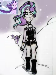 Size: 2314x3128 | Tagged: artist:citi, badass, derpibooru import, human, humanized, safe, scene interpretation, screencap, screencap reference, snow, solo, starlight glimmer, the ending of the end, traditional art, walking away, windswept hair