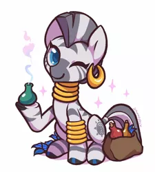 Size: 1840x2048 | Tagged: artist:dawnfire, bag, bracelet, colored pupils, cute, derpibooru import, ear piercing, earring, female, flower, jewelry, looking at you, mare, neck rings, one eye closed, piercing, plant, poison joke, potion, quadrupedal, safe, simple background, sitting, smiling, solo, white background, wink, zebra, zecora, zecorable