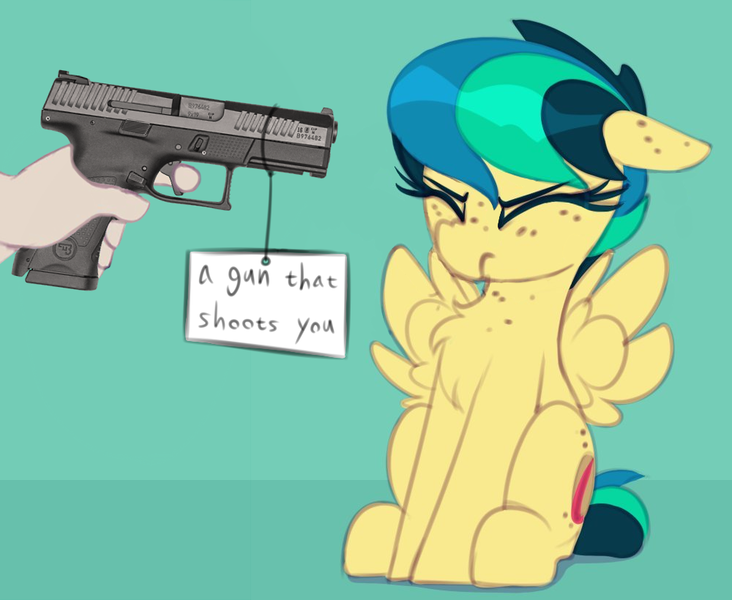 Size: 1000x820 | Tagged: safe, artist:shinodage, derpibooru import, edit, oc, oc:apogee, unofficial characters only, human, pegasus, pony, apogee getting sprayed, captain obvious, chest fluff, eyes closed, female, filly, floppy ears, fluffy, freckles, gun, hand, handgun, mare, meme, pistol, solo, text, weapon