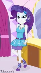 Size: 584x1024 | Tagged: safe, artist:tabrony23, derpibooru import, edit, editor:thomasfan45, rarity, equestria girls, equestria girls series, barrette, beautiful, bedroom eyes, boutique, bracelet, clothes, curtains, cute, female, geode of shielding, high heels, jewelry, leaning on table, looking at you, magical geodes, mirror, pencil skirt, raribetes, shoes, skirt, smiling, solo
