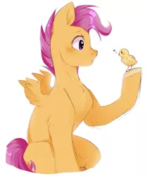 Size: 1280x1529 | Tagged: safe, artist:pledus, derpibooru import, scootaloo, pegasus, pony, chick, cute, cutealoo, ear fluff, female, floating heart, heart, leg fluff, mare, older, older scootaloo, profile, simple background, sitting, solo, unshorn fetlocks, white background