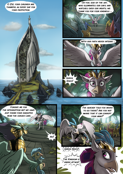 Size: 3541x5016 | Tagged: absurd resolution, armor, artist:alexvanarsdale, artist:lummh, background hippogriff, classical hippogriff, cloud, comic, comic:twist of faith, derpibooru import, female, fledgeling, hippogriff, hippogriffia, male, mount aris, my little pony: the movie, ocean, princess skystar, queen novo, safe, speech bubble, stratus skyranger, unnamed character, young skystar