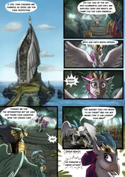 Size: 3541x5016 | Tagged: absurd resolution, armor, artist:alexvanarsdale, artist:lummh, background hippogriff, classical hippogriff, cloud, comic, comic:twist of faith, derpibooru import, female, fledgeling, hippogriff, hippogriffia, male, mount aris, my little pony: the movie, ocean, princess skystar, queen novo, safe, speech bubble, stratus skyranger, unnamed character, young skystar
