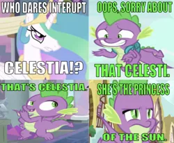 Size: 635x524 | Tagged: safe, derpibooru import, edit, edited screencap, editor:undeadponysoldier, screencap, princess celestia, spike, alicorn, dragon, pony, series:spikebob scalepants, angry, caption, comic, female, grin, image macro, male, mare, meme, nervous, nervous grin, parody, patchy the pirate, reference, screencap comic, smiling, spike is not amused, spongebob's house party, talking to viewer, text, unamused, winged spike, wrong aspect ratio
