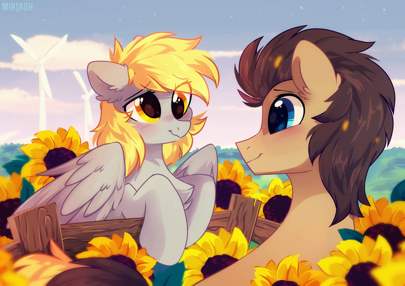 Size: 2378x1681 | Tagged: safe, alternate version, artist:mirtash, derpibooru import, derpy hooves, doctor whooves, time turner, earth pony, pegasus, pony, blushing, chest fluff, doctorderpy, ear fluff, eye contact, female, fence, flower, looking at each other, male, mare, shipping, smiling, stallion, straight, sunflower, windmill