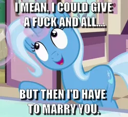 Size: 589x542 | Tagged: all bottled up, caption, cropped, derpibooru import, edit, edited screencap, image macro, meme, pun, safe, screencap, solo, text, trixie, trixie yells at everything, vulgar