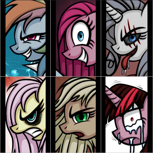 Size: 1240x1240 | Tagged: semi-grimdark, artist:rambopvp, derpibooru import, edit, applejack, fluttershy, pinkie pie, rainbow dash, rarity, twilight sparkle, pony, unicorn, .mov, ask crapplejack, fanfic:cupcakes, fanfic:rainbow factory, lil-miss rarity, shed.mov, a cut too cruel, appledrunk, blood, fluttershed, head, knife, mane six, pinkamena diane pie, pony.mov, rainbow factory dash, scissor twilight, tongue out