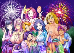 Size: 3500x2500 | Tagged: suggestive, artist:0ryomamikado0, derpibooru import, applejack, fluttershy, pinkie pie, rainbow dash, rarity, spike, starlight glimmer, sunset shimmer, twilight sparkle, bat pony, human, pikachu, abs, alternate hairstyle, anime, appledash, big breasts, blushing, boob freckles, boob squish, breasts, busty applejack, busty fluttershy, busty pinkie pie, busty rarity, busty starlight glimmer, chest freckles, clothes, covered nipples, drool, drunk, drunk aj, drunker dash, drunklight glimmer, female, fireworks, flutterbat, freckles, huge breasts, humanized, kimono (clothing), lesbian, lucky bastard, male, mane seven, mane six, mask, one eye closed, partial nudity, peace sign, pokémon, race swap, shipping, sparity, sparlight, spike gets all the girls, spike gets all the mares, straight, strategically covered, tan lines