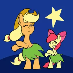 Size: 576x576 | Tagged: safe, artist:pembroke, derpibooru import, apple bloom, applejack, earth pony, pony, adorabloom, apple sisters, bipedal, bow, clothes, cowboy hat, cute, duo, duo female, eyes closed, female, freckles, grass skirt, hat, hula, hula dance, hulabloom, hulajack, jackabetes, siblings, sisterly love, sisters, skirt, smiling, stars, stetson