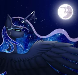 Size: 2400x2300 | Tagged: safe, artist:margo24, artist:minelvi, derpibooru import, princess luna, alicorn, pony, collaboration, ethereal mane, female, full moon, galaxy mane, high res, horn, horn jewelry, jewelry, looking at you, mare, mare in the moon, moon, night, profile, rear view, regalia, shooting star, sky, slit pupils, solo, spread wings, starry mane, starry night, stars, wings