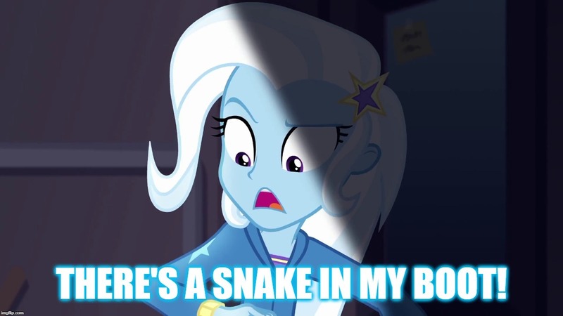 Size: 1280x720 | Tagged: safe, derpibooru import, edit, edited screencap, screencap, trixie, equestria girls, equestria girls series, rarity investigates: the case of the bedazzled boot, caption, image macro, meme, reference, solo, text, toy story, trixie yells at everything