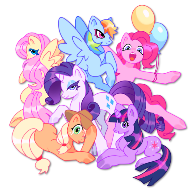 Size: 900x881 | Tagged: safe, artist:confettiwater, derpibooru import, applejack, fluttershy, pinkie pie, rainbow dash, rarity, twilight sparkle, earth pony, pegasus, pony, unicorn, balloon, bipedal, colored hooves, cowboy hat, cute, female, hat, looking at you, mane six, mare, open mouth, prone, simple background, transparent background, unicorn twilight