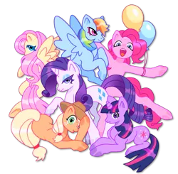 Size: 900x881 | Tagged: safe, artist:confettiwater, derpibooru import, applejack, fluttershy, pinkie pie, rainbow dash, rarity, twilight sparkle, earth pony, pegasus, pony, unicorn, balloon, bipedal, colored hooves, cowboy hat, cute, female, hat, looking at you, mane six, mare, open mouth, prone, simple background, transparent background, unicorn twilight