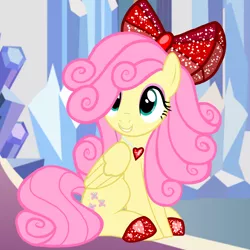 Size: 1200x1200 | Tagged: safe, artist:katya, artist:slb94, derpibooru import, edit, editor:katya, fluttershy, pegasus, pony, alternate hairstyle, bow, cute, eyeshadow, female, hair bow, hearts and hooves day, holiday, hoof shoes, jewelry, makeup, mare, necklace, shyabetes, sitting, smiling, solo, valentine's day