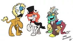 Size: 1510x852 | Tagged: safe, artist:lucas_gaxiola, derpibooru import, discord, oc, unofficial characters only, big cat, draconequus, earth pony, lion, pony, unicorn, bowtie, clothes, costume, earth pony oc, facial hair, female, hat, horn, lion suit, male, mare, moustache, open mouth, raised hoof, signature, simple background, stallion, top hat, unicorn oc, white background