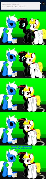 Size: 1071x4096 | Tagged: safe, artist:agkandphotomaker2000, derpibooru import, oc, oc:arnold the pony, oc:crytic blade, oc:lucia nightblood, pegasus, pony, vampire, vampony, tumblr:pony video maker's blog, ask, black sclera, clothes, embarrassed, eyeless pony, food, garlic powder, hoodie, no effect, red and black oc, salt, tumblr, ugly look