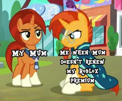 Size: 565x465 | Tagged: safe, derpibooru import, edit, edited screencap, editor:nintenyt, screencap, stellar flare, sunburst, pony, unicorn, the parent map, cape, clothes, cropped, dank memes, female, glasses, male, mare, meme, mother and child, mother and son, mothers gonna mother, outdoors, robe, roblox, roblox premium, sire's hollow, stallion, sunburst's glasses, sunburst's robe, white hooves