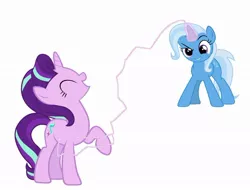 Size: 1024x777 | Tagged: safe, artist:diana173076, derpibooru import, starlight glimmer, trixie, pony, unicorn, magic duel, adorable distress, comedy, cute, cuteness overload, daaaaaaaaaaaw, diatrixes, eyes closed, female, glimmerbetes, laser beam, laughing, lesbian, magic, mare, mischievous grin, one hoof raised, raised eyebrow, reference, shipping, smiling, smirk, startrix, tickle torture, tickling, ticklish tummy