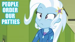 Size: 1280x720 | Tagged: safe, derpibooru import, edit, edited screencap, screencap, trixie, equestria girls, equestria girls series, forgotten friendship, caption, image macro, krusty krab training video, meme, solo, spongebob squarepants, text, trixie yells at everything