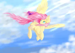 Size: 4092x2893 | Tagged: safe, artist:azzyalder, derpibooru import, fluttershy, butterfly, pegasus, pony, female, flying, mare, sky, solo, spread wings, wings