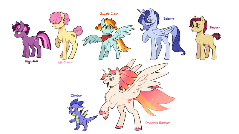 Size: 4096x2303 | Tagged: safe, artist:kianamai, derpibooru import, li'l cheese, oc, oc:cinder, oc:hoover, oc:nightfall, oc:phoenix feather, oc:selenite, oc:zapple cider, alicorn, dragon, earth pony, hybrid, pegasus, pony, unicorn, the last problem, alicorn oc, bandana, colored hooves, female, hair over eyes, hoof on chest, horn, interspecies offspring, kilalaverse iii, magical lesbian spawn, male, mare, next generation, offspring, parent:applejack, parent:discord, parent:fluttershy, parent:princess celestia, parent:princess ember, parent:princess luna, parent:queen novo, parent:rainbow dash, parent:rarity, parent:spike, parent:tempest shadow, parent:twilight sparkle, parents:appledash, parents:discoshy, parents:emberspike, parents:novolestia, parents:rariluna, parents:tempestlight, rearing, short tail, simple background, spread wings, stallion, white background, wings