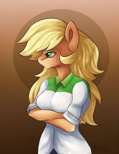 Size: 800x1033 | Tagged: alternate hairstyle, anthro, applejack, artist:tu-kierownik, artist:zizka-von-mikser, breasts, busty applejack, crossed arms, derpibooru import, equestria girls outfit, female, hatless, loose hair, missing accessory, profile, safe, solo