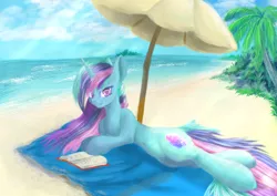 Size: 4092x2893 | Tagged: safe, artist:azzyalder, derpibooru import, oc, unofficial characters only, unicorn, beach, book, ocean, palm tree, solo, tree, umbrella