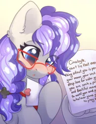 Size: 2048x2623 | Tagged: safe, artist:alphadesu, derpibooru import, oc, oc:cinnabyte, earth pony, pony, adorkable, bandana, confused, cute, dork, female, glasses, love, love letter, mare